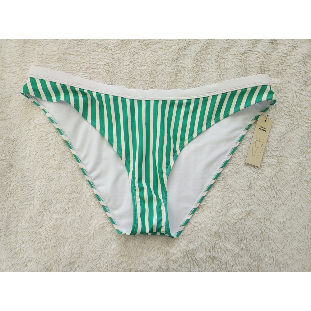 NWT No Boundaries Women's Swim Bottoms XXL (20) Green Striped High Leg Cheeky